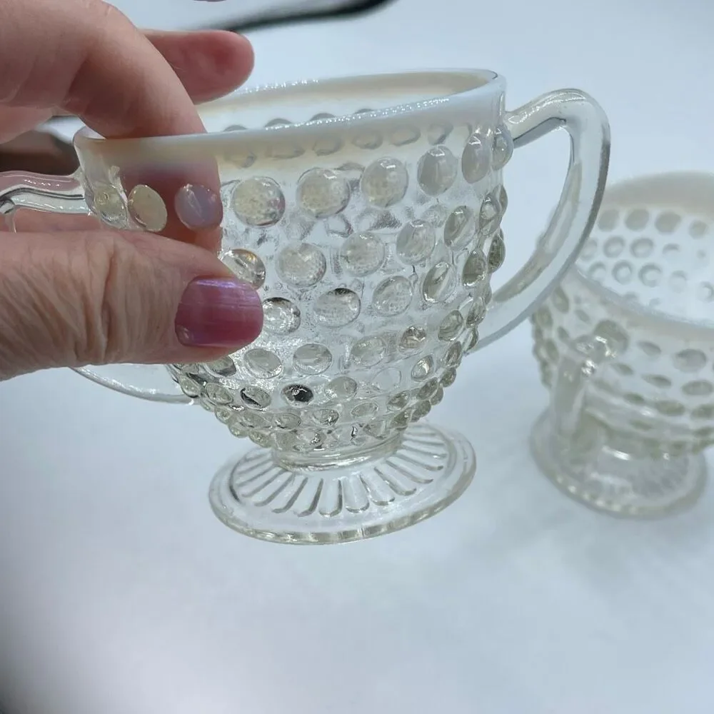 Vintage Anchor Hoking Moonstone Opalescent Hobnail Glass creamer & sugar